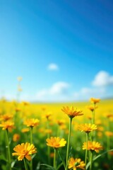 Fototapeta premium Field of yellow calendula flowers against a blue sky, yellow, landscape, petals
