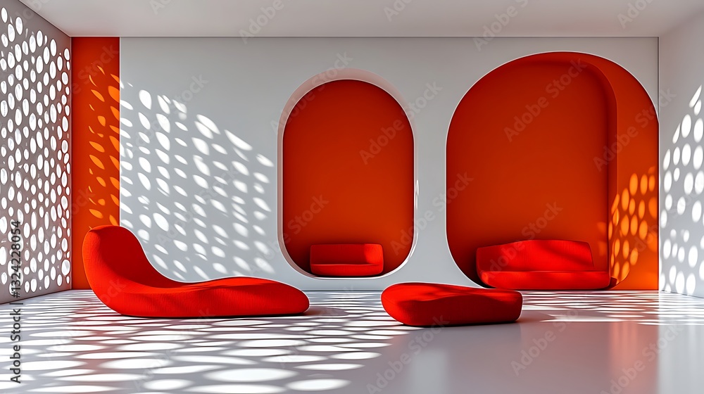 Poster stylish red lounge with perforated wall and soft shadows in architectural design