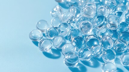 A cluster of transparent capsules, their contents a vibrant blue, lay scattered across a sleek blue surface, symbolizing the innovative pharmaceutical industry.