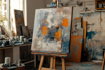 Abstract painting with vibrant orange and gray tones is in progress on an easel. Art supplies and canvases fill the creative studio space