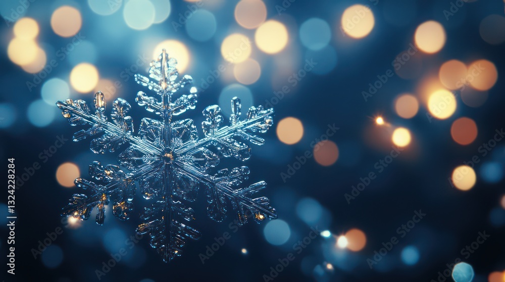 Poster frozen snowflake in bokeh lights