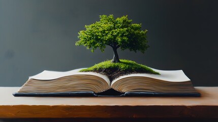 Aged Antique Book with Weathered Parchment Pages and Small Tree Sprouting from Within Symbolizing the Enduring Relationship Between Written Knowledge and the Natural World