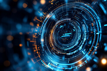 Fototapeta premium Abstract futuristic technology background with blue and orange digital circles data cyber light lines