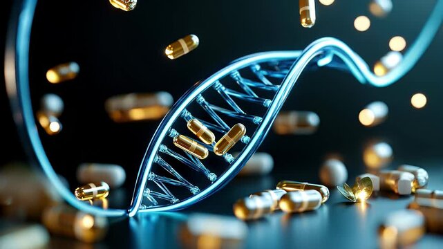Bright Blue DNA Strand with Capsules and Leaves in a Conceptual Representation of Biotech Research and Innovation