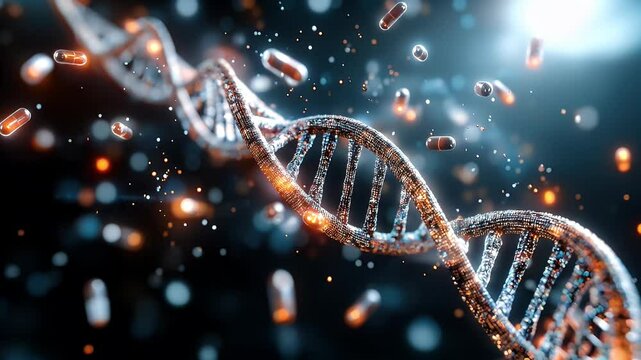 Abstract Representation of DNA Helix with Colorful Particles and Capsules in a Scientific Background