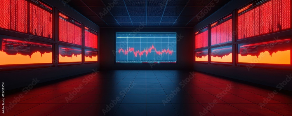 Poster a futuristic room featuring multiple screens displaying colorful waveforms and graphs, creating a hi
