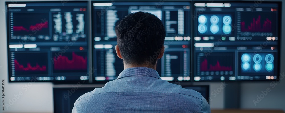 Poster a person analyzes data displayed on multiple screens in a modern workspace, showcasing advanced tech