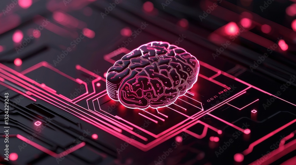 Poster a digital representation of a brain superimposed on a circuit board, showcasing the intersection of 
