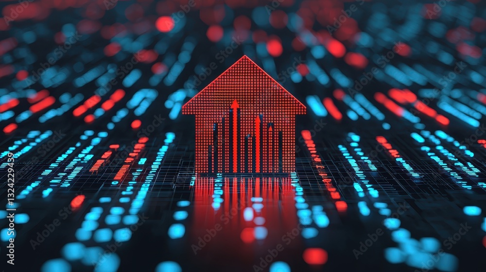 Poster a digital representation of a house surrounded by a pattern of glowing data streams, symbolizing tec