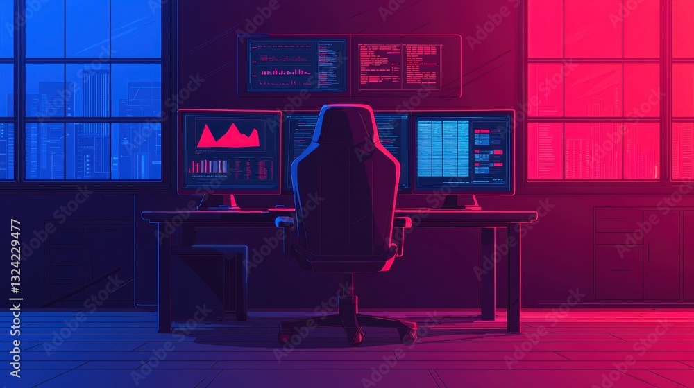 Poster a dark room featuring a chair in front of multiple screens displaying data, illuminated in blue and 