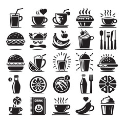 Silhouette icon set of cafe icons, restaurant icon, food and drink icon vector style on white background.