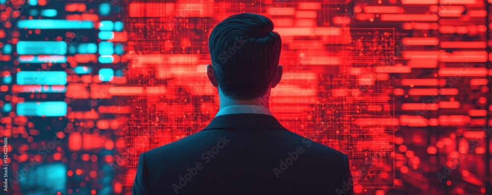 Poster a man in a suit stands in front of a vibrant digital display of red and blue data, creating a futuri