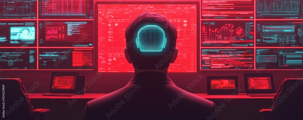 Poster a figure sits in front of multiple screens, with a glowing digital brain visualization, surrounded b