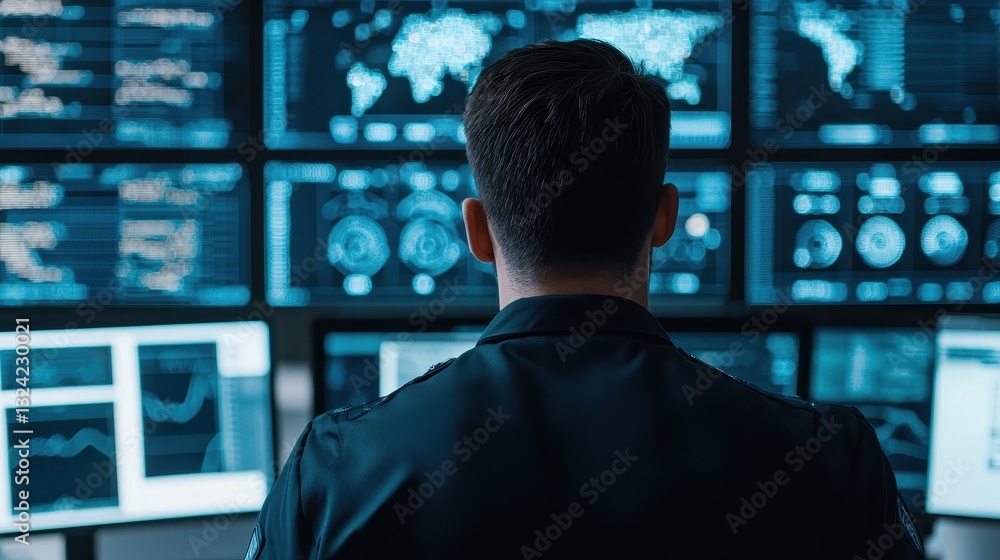 Poster a person monitors multiple digital screens displaying data and global information, highlighting a te
