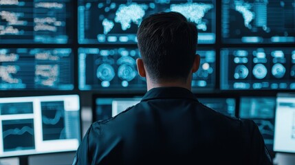 A person monitors multiple digital screens displaying data and global information, highlighting a tech-savvy environment.