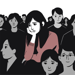 Unhappy young woman in crowd feel lonely abandoned in society. Upset sad girl suffer from loneliness. Depression and apathy concept. Emotional burnout. 