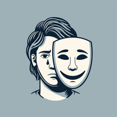 A person with a sad expression and a tear holds a smiling theatrical mask in front of their face.