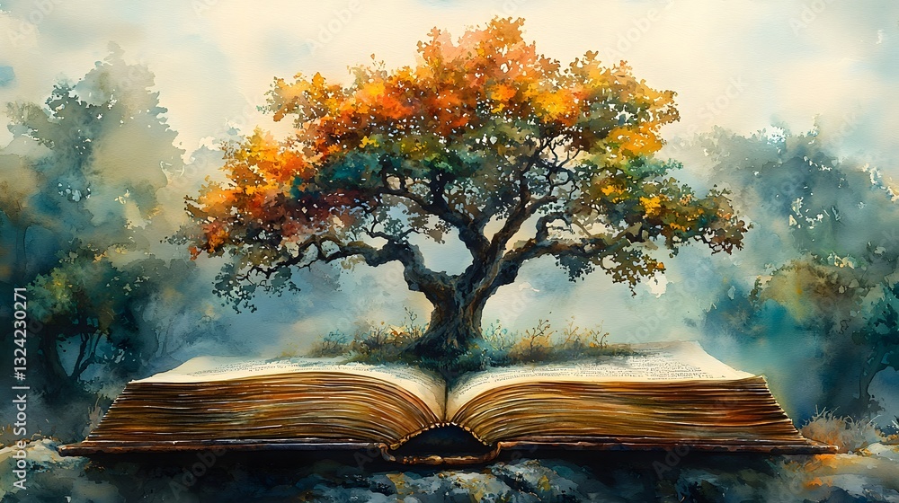 Poster aged tome with a towering vibrant tree emerging from its open pages highlighting the harmony between