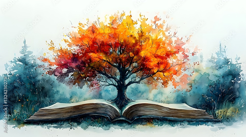 Poster aged weathered tome with a towering vibrant tree emerging from its open pages highlighting the harmo