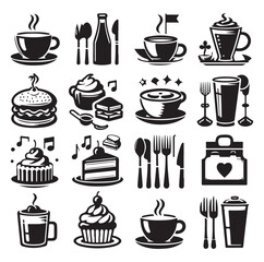 Silhouette icon set of cafe icons, restaurant icon, food and drink icon vector style on white background.