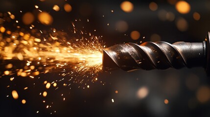 A close-up of a drill bit, a metal spear poised for action, as it bites into a dark surface, sparks erupting from its tip like celestial fireworks, a testament to the power of industry and the