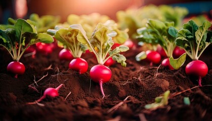 Close up fresh red round radishes, organic vegetables growing on farm garden bed soil