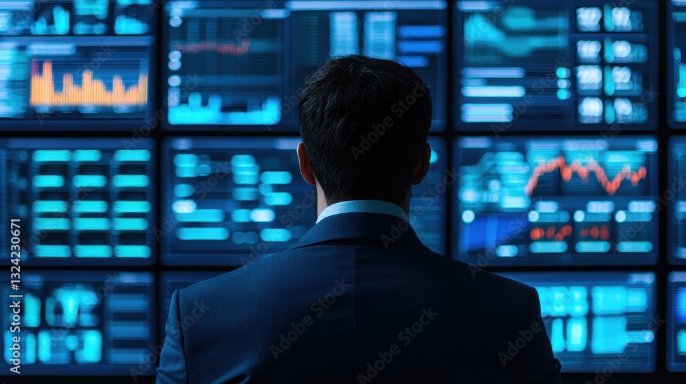Poster a businessman analyzes data on multiple screens, showcasing graphs and metrics in a modern office en