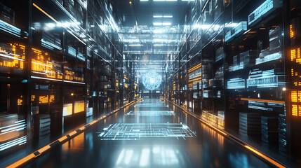 Futuristic Warehouse With Autonomous Robots and Data Analytics
