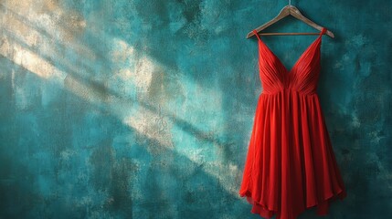 A vibrant crimson dress, draped elegantly on a weathered wooden hanger, hung against a tranquil teal backdrop, bathed in the warm glow of a single light source, creating a sense of timeless elegance