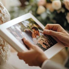 Hands holding a wedding photo album on an anniversary table