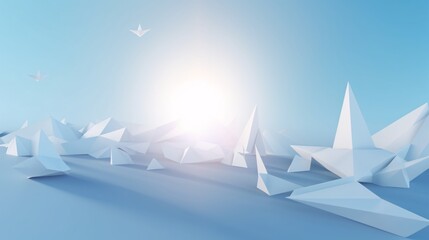 Obraz premium Serene Origami Birds in Flight Low Poly Landscape with Shining Light