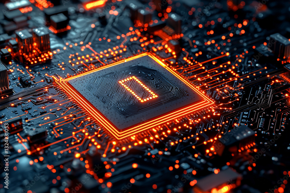 Aufkleber abstract technology background with glowing orange circuit board and central processor cpu red data