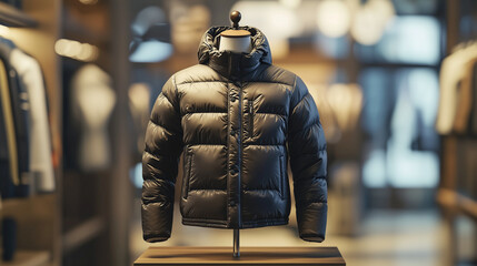 Stylish Hooded Puffer Jacket on Mannequin Display in Modern Clothing Store