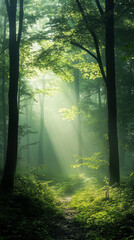 Obraz premium Gentle Fog Envelops a Tranquil Forest Path Illuminated by Soft Light