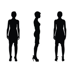 Collection of businesswoman silhouettes. Women in business dresses set, isolated black on white.