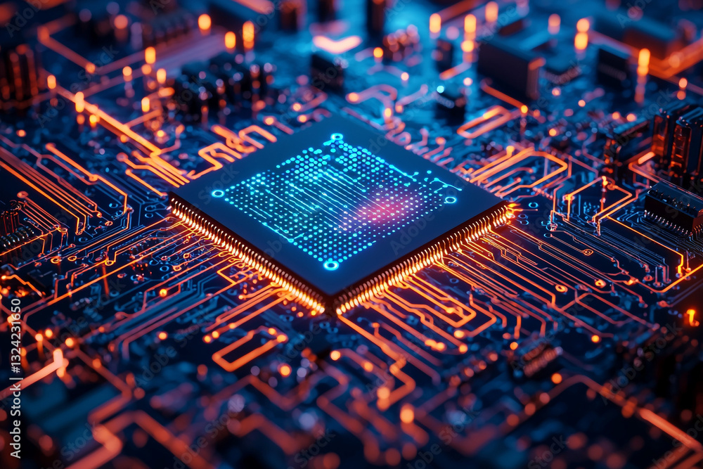 Poster abstract technology background digital circuit board with processor cpu data chip blue light future
