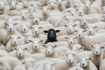 A single black sheep stands out among a large group of white sheep, creating a striking contrast in color and appearance.