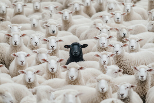A single black sheep stands out among a large group of white sheep, creating a striking contrast in color and appearance.