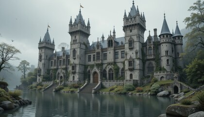 Obraz premium Majestic Stone Castle by a Calm Lake on a Misty Day Gothic Architecture and Serene Landscape