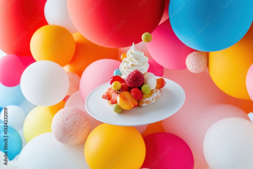 Poster immersive color pop pastry design whimsical dessert styling with vibrant balloon backdrop - creative