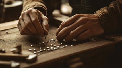 Craftsman hands meticulously placing metal studs on wood.