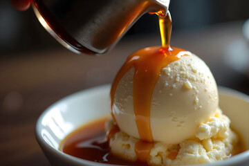 a creamy scoop of vanilla ice cream is drizzled with rich caramel sauce in a white bowl on a wooden table