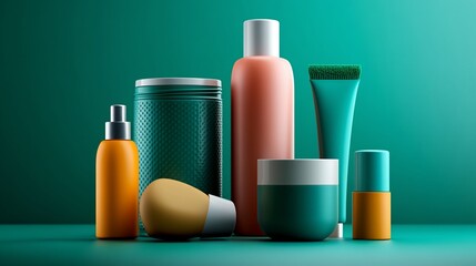 A beautifully arranged set of cosmetic and skincare products in vibrant packaging, featuring shades of green, orange, and peach. The sleek and modern containers include bottles, tubes, jars, and spray