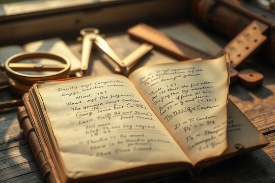 Vintage Journal with Handwritten Equations on Wooden Desk in Sunlit Study for Pi Day Mathematic Themes