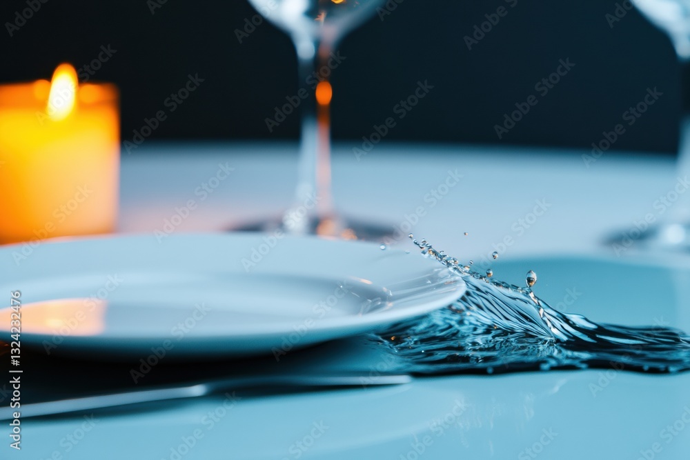 Poster fluid dynamics dining minimalist tablescape with water droplet sculpture - innovative sensory design