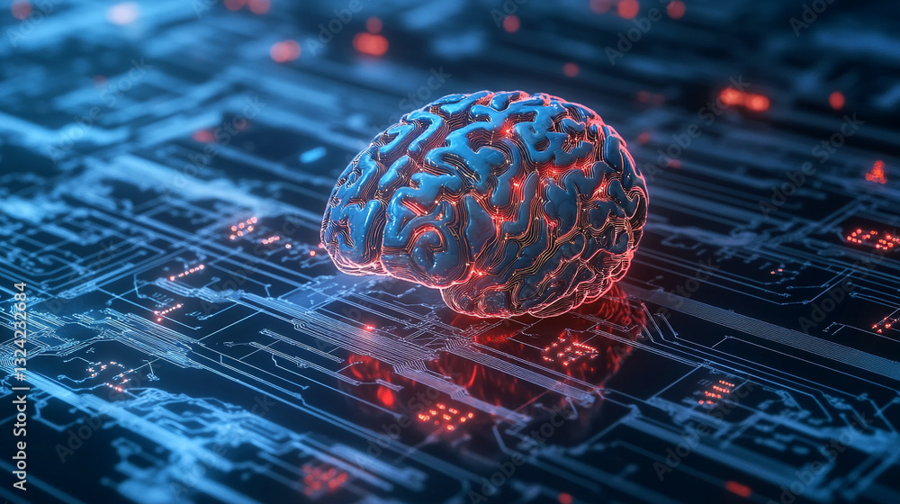 Poster abstract digital brain on circuit board technology image 3d red data blue cyber neural future system