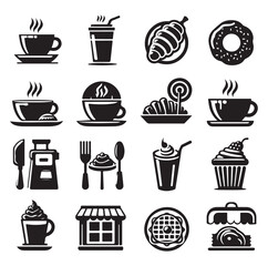 Silhouette icon set of cafe icons, restaurant icon, food and drink icon vector style on white background.