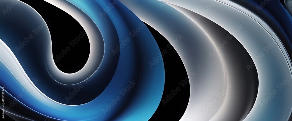 Poster abstract fluid 3d render with a black background and holographic, iridescent neon curved wave in mot
