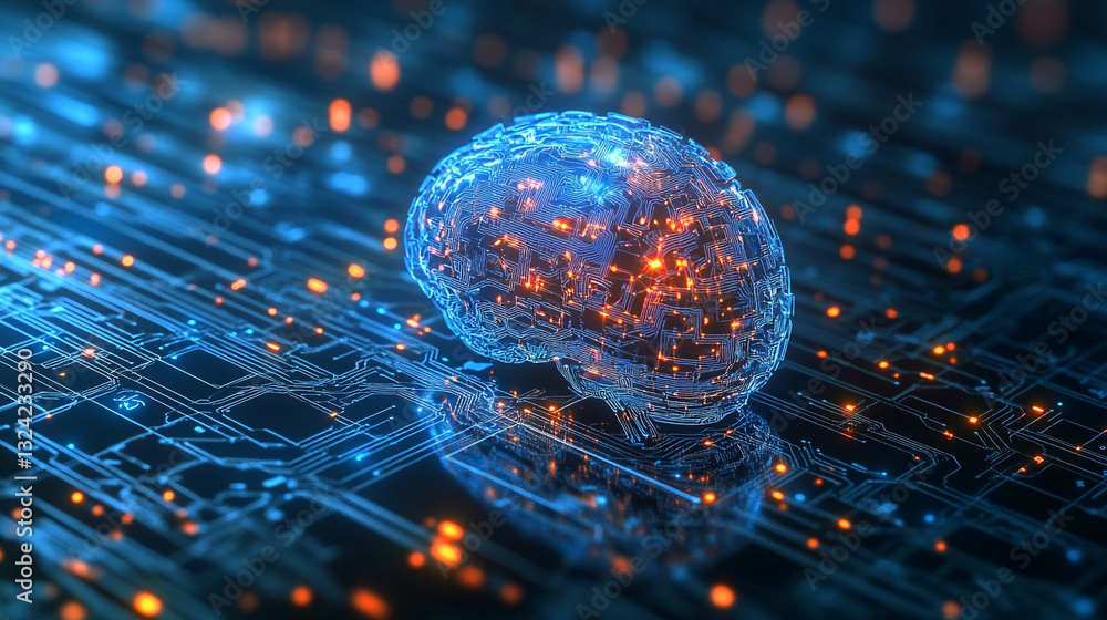 Poster abstract digital brain artificial intelligence circuit technology data blue future system design