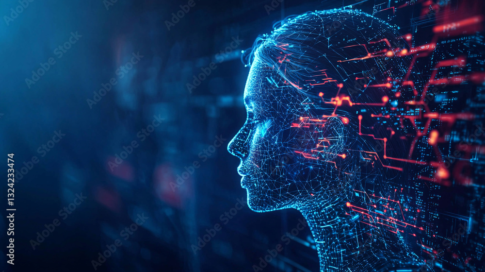 Poster abstract digital woman face artificial intelligence network technology ai red data blue mesh cyber
